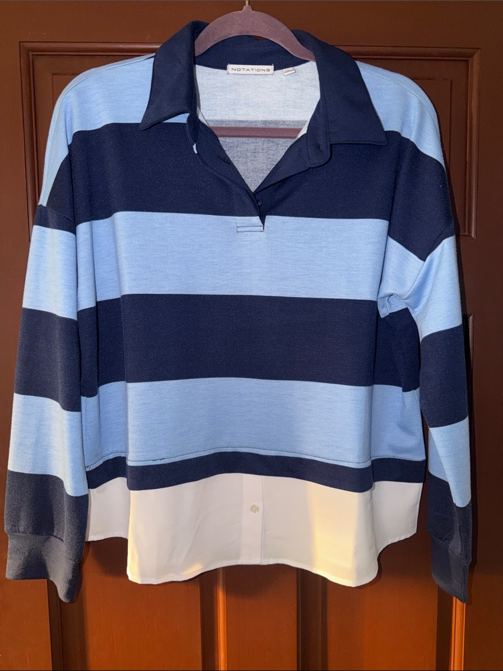 Notations Women’s L Blue Stripe Rugby Polo 2-in-1 Layered Shirttail Top NWOT